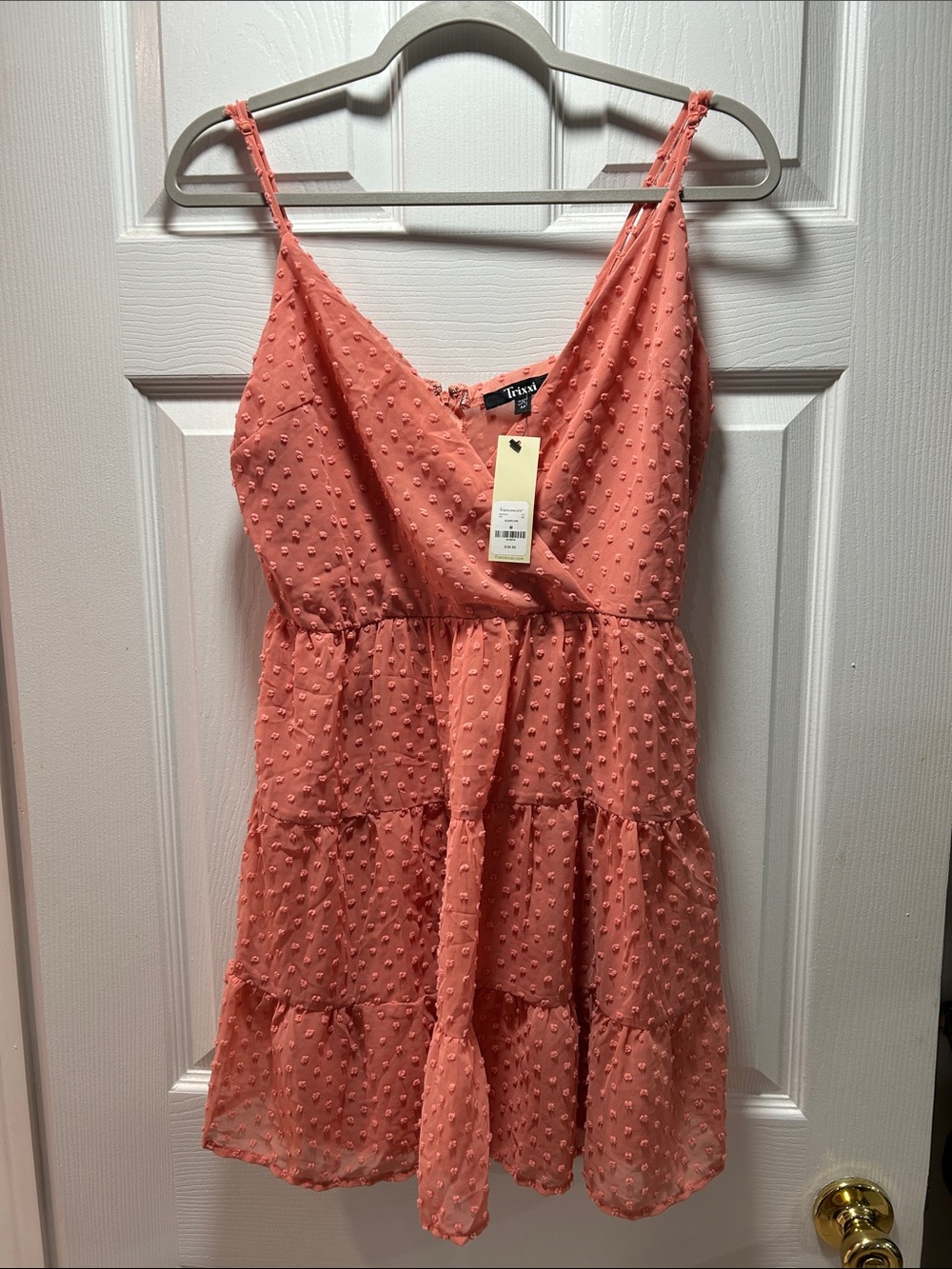 Trixxi Coral Pink Tiered Swiss Dot Mini Dress